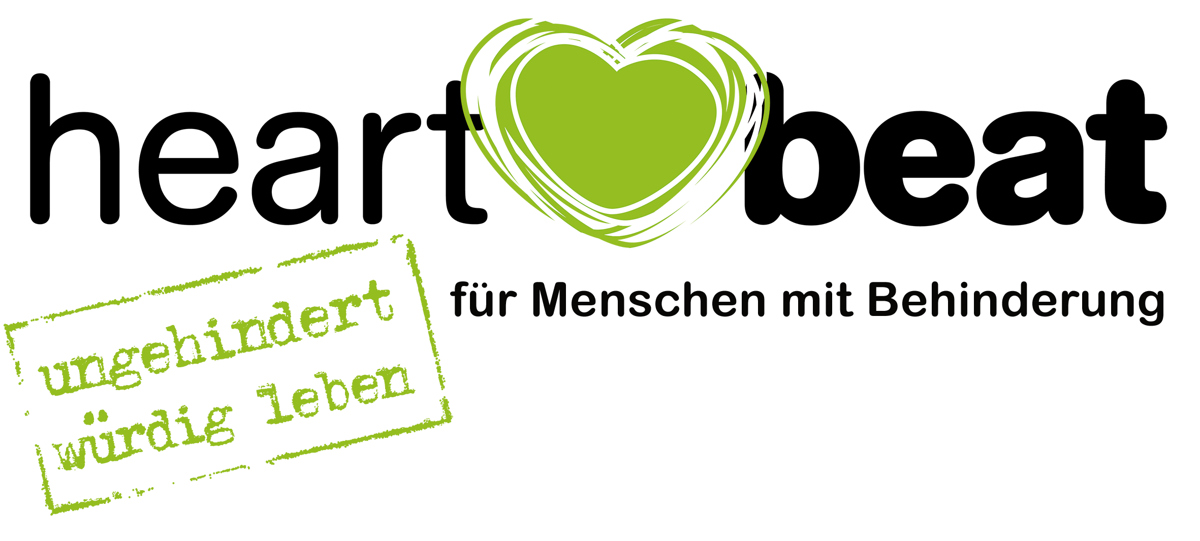 Das heartbeat-Logo: Schriftzug heartbeat mit einem grünen Herzen zwischen "heart" und "beat", darunter der Schriftzug "für Menschen mit Behinderung". links daneben ein grüner Stempel mit der Aufschrift "ungehindert würdig leben".